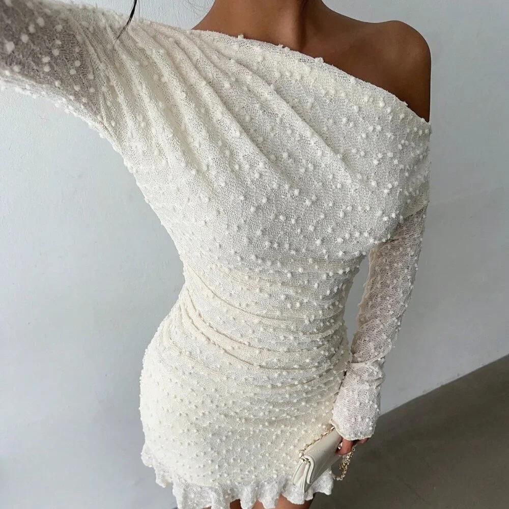 Apricot Elegant Women's Sexy Shoulder Long Sleeve Mini Bodycon Dress
